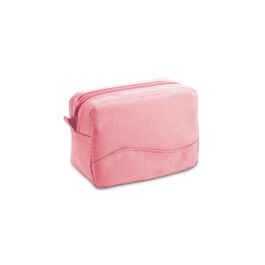 Bolsa pequena na cor rosa fechada com ziper, para armazenamento de produtos de cuidados pessoais.