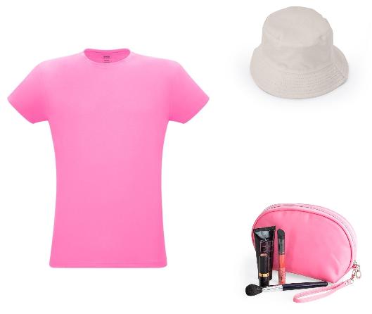 Foto ilustrativa de brindes femininos que consiste em uma camiseta rosa, um kit de necessaire também rosa com alguns acessório para maquiagem um e chapéu bucket na cor beje